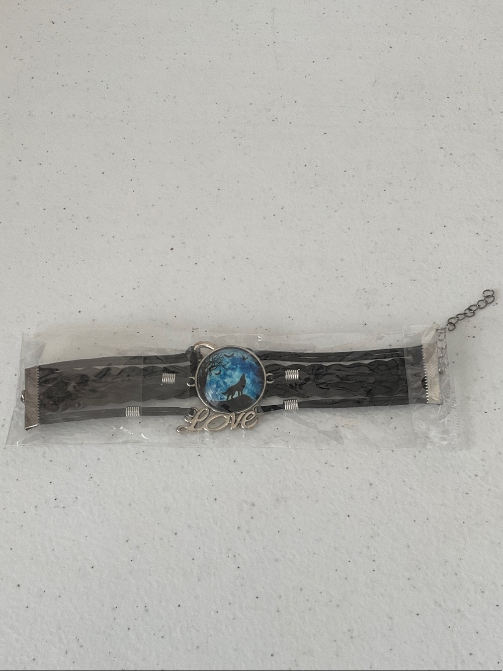Black Multi-Strand Choker Necklace with Blue Wolf Pendant and 'Love' Charm